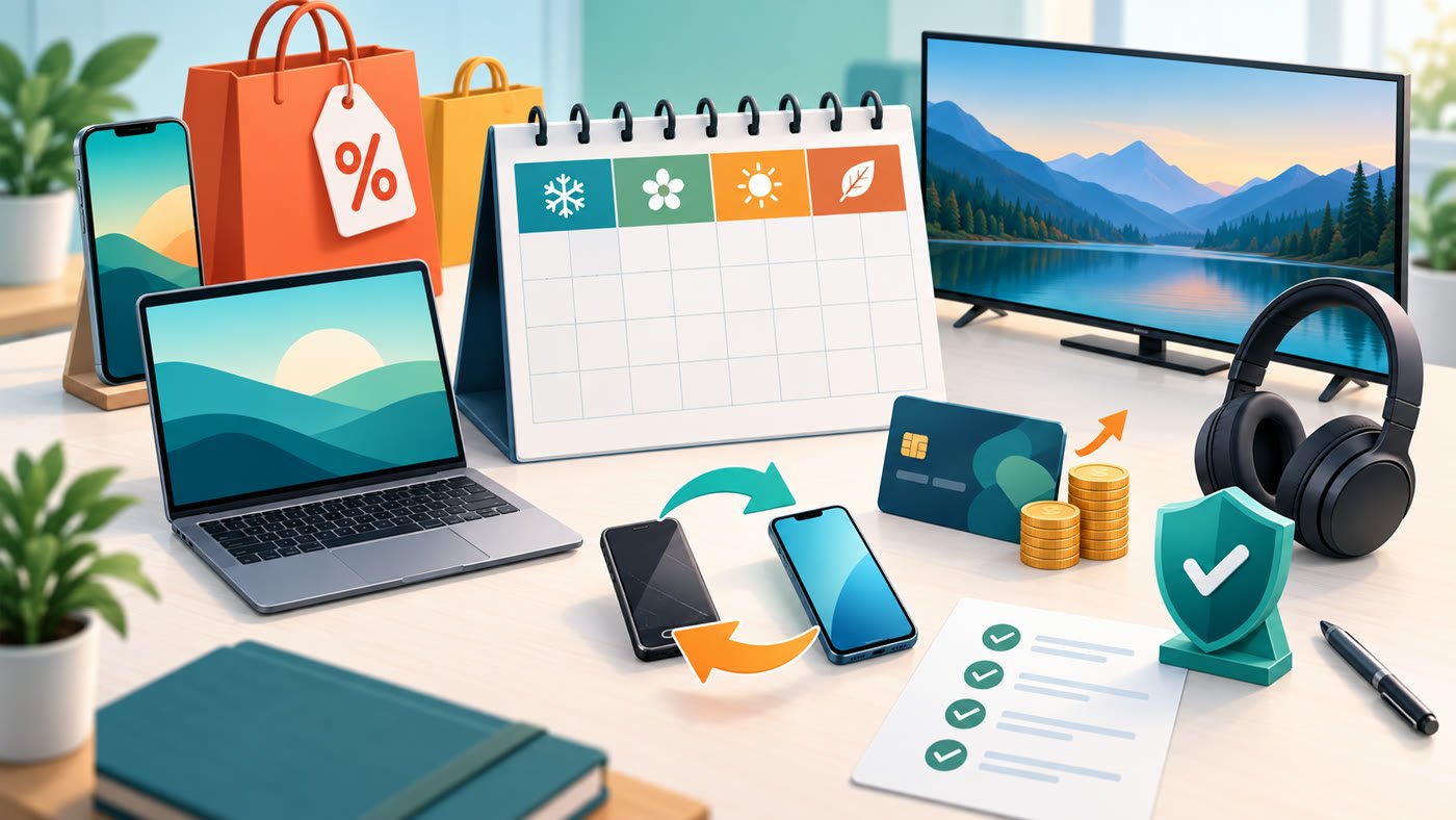 Illustration showing seasonal planning and offer checks for electronics purchases
