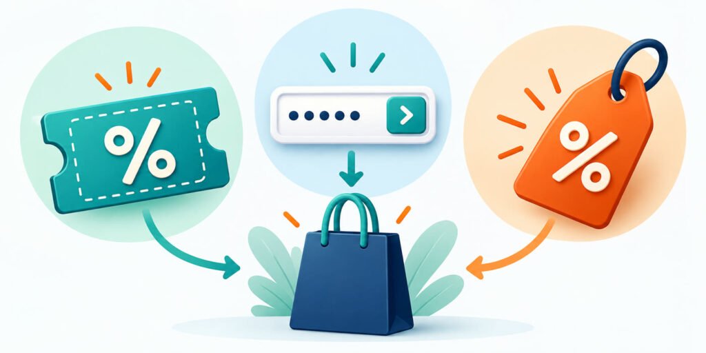 Illustration comparing a coupon, a promo-code field and an automatic deal