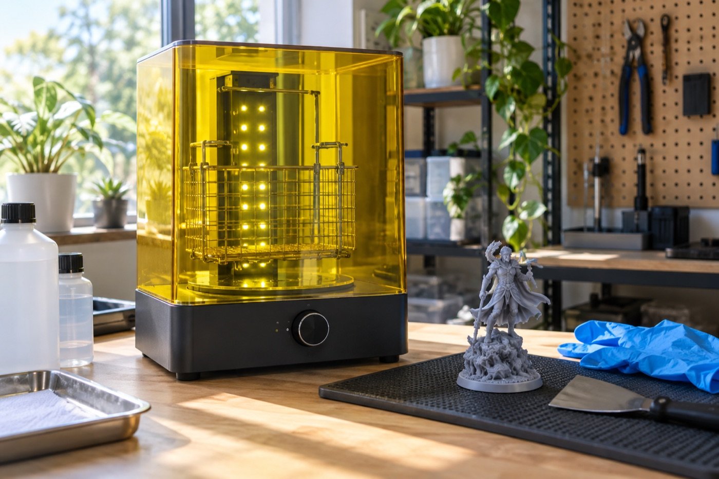 Generic wash-and-cure station and resin 3D print on a workbench