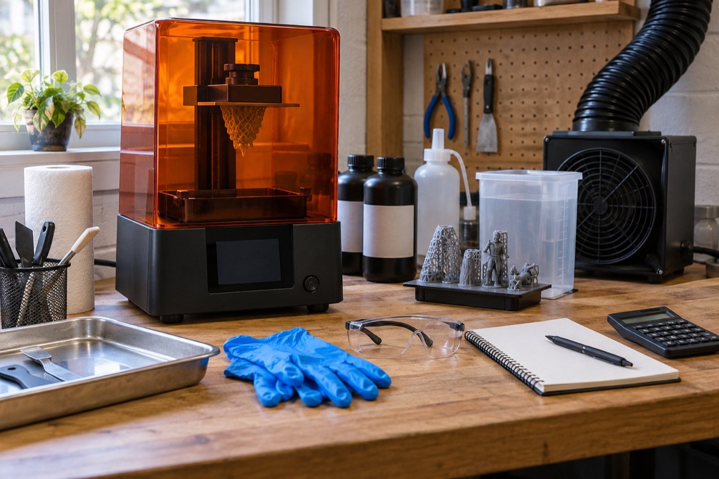 Resin 3D printer setup with safety equipment and supplies