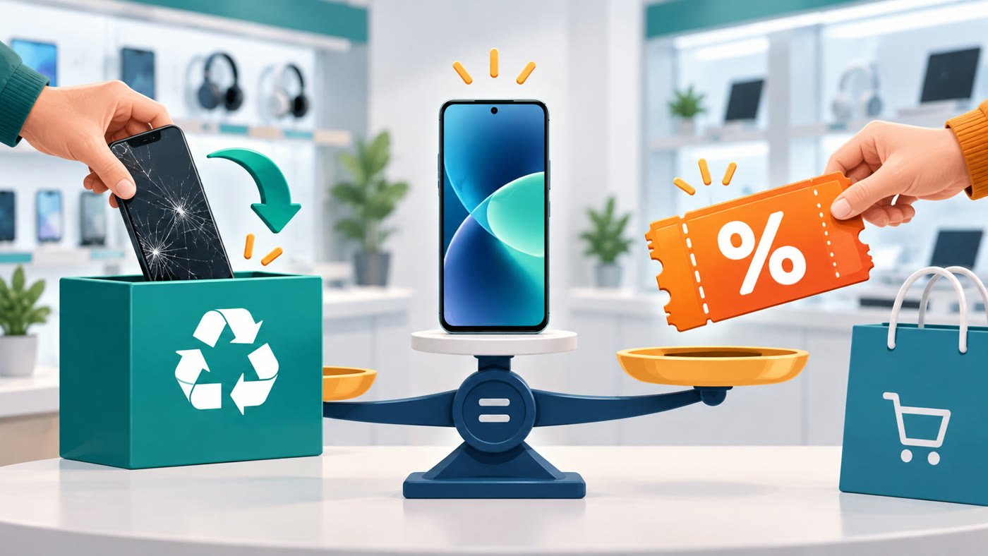 Illustration comparing a phone exchange offer with a coupon discount