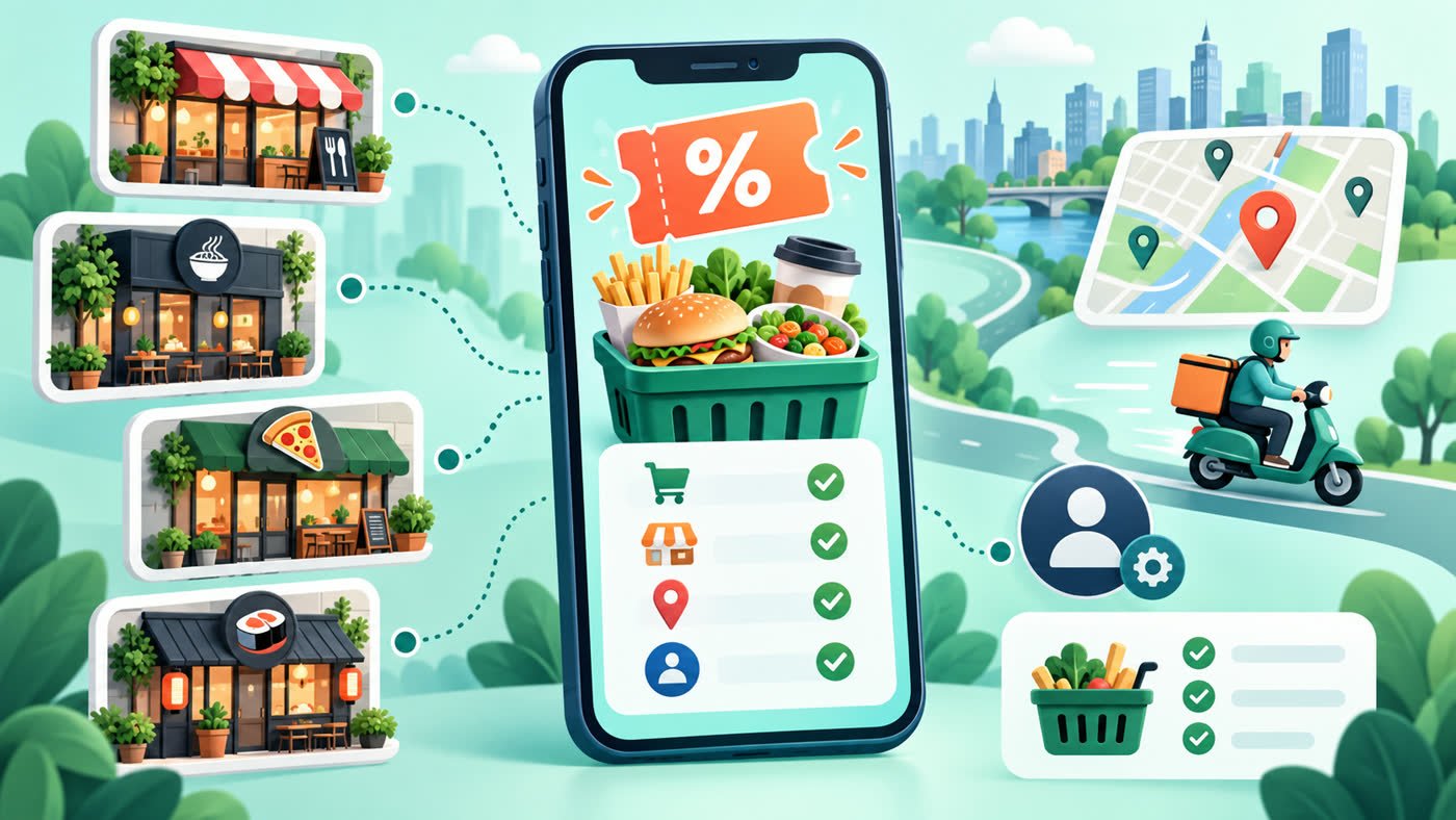 Illustration showing food-delivery coupon conditions by restaurant and location