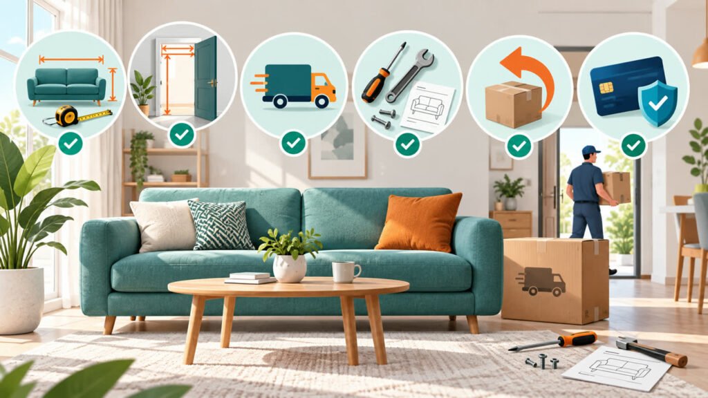 Illustration showing furniture sizing, delivery, assembly and return checks