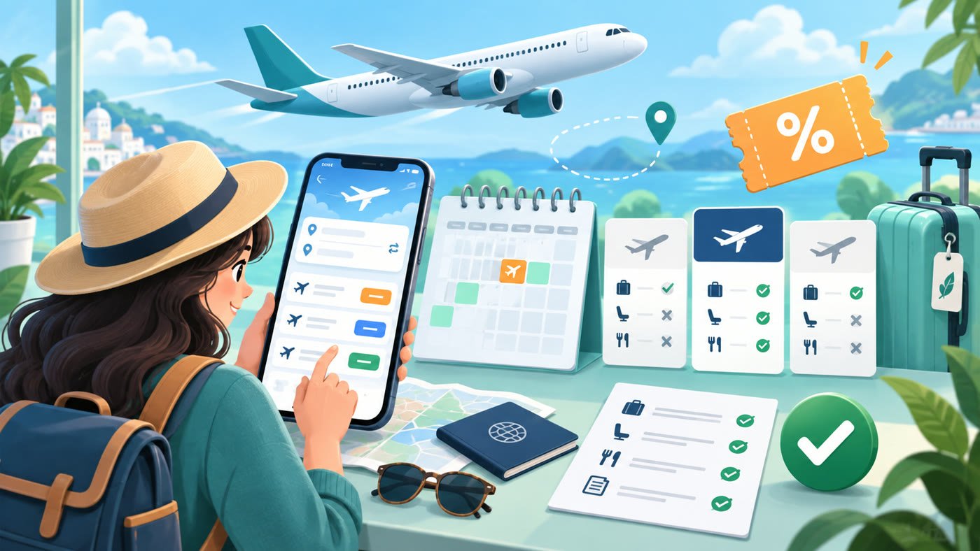 Illustration showing flight-booking savings and fare-condition checks