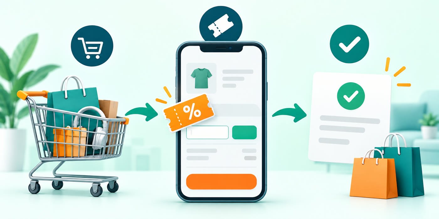 Illustration showing the steps for applying a coupon code at online checkout