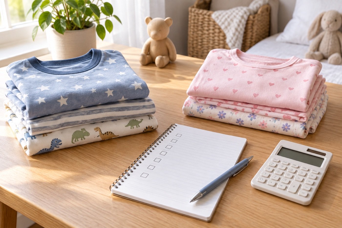 Folded children’s pajamas with a shopping checklist and calculator