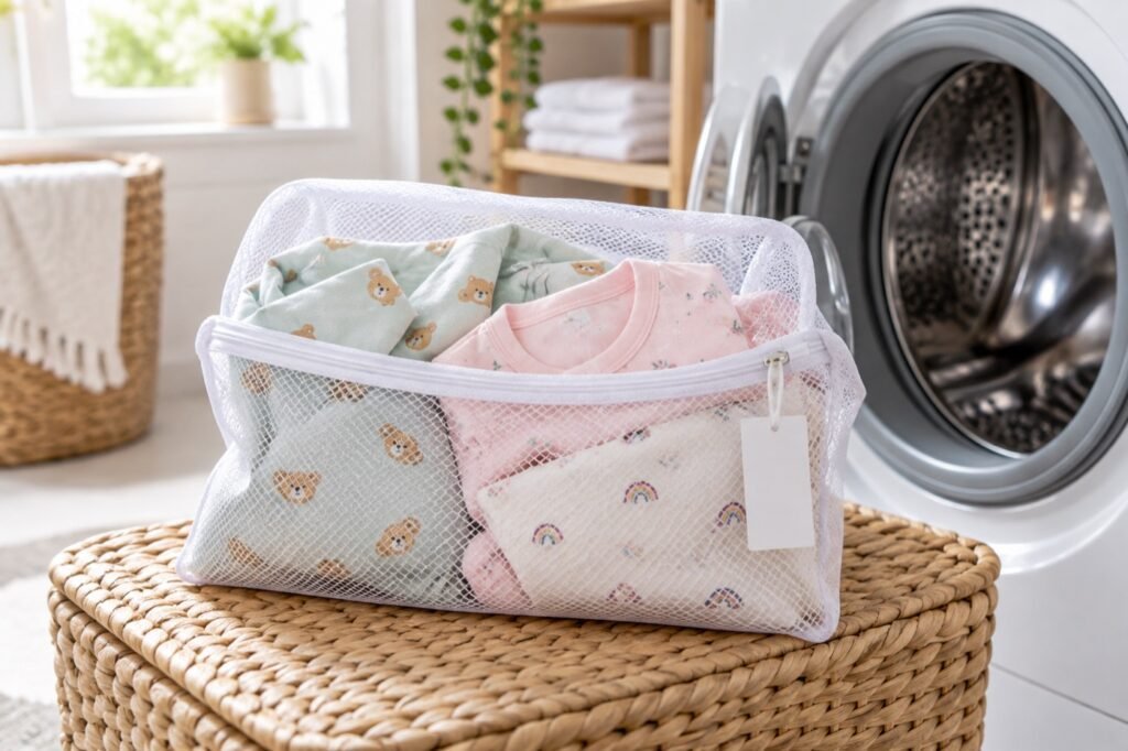 Children’s sleepwear in a mesh laundry bag beside a washing machine
