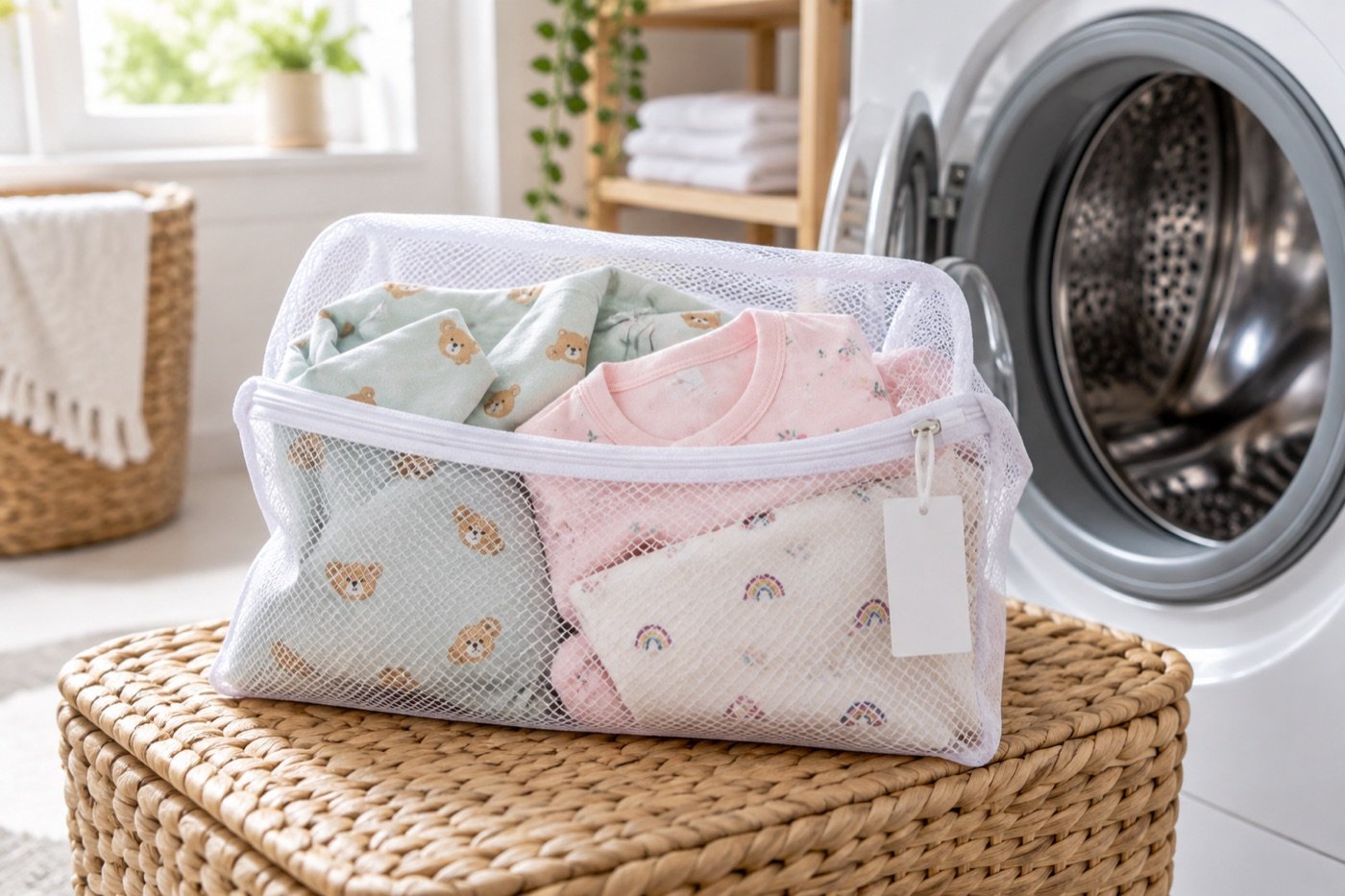 Children’s sleepwear in a mesh laundry bag beside a washing machine