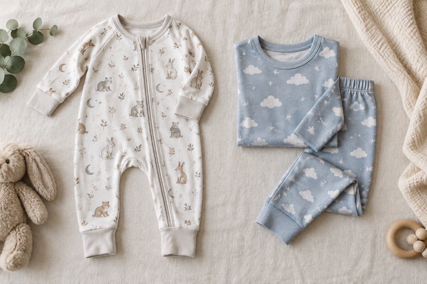 Zip-front baby romper compared with a two-piece pajama set