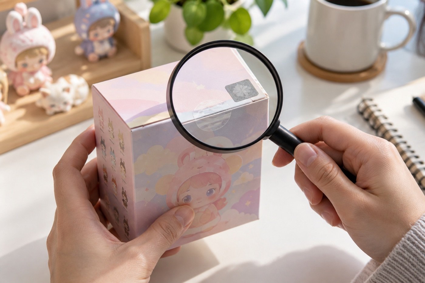 Magnifying glass checking the seal on a collectible mystery box