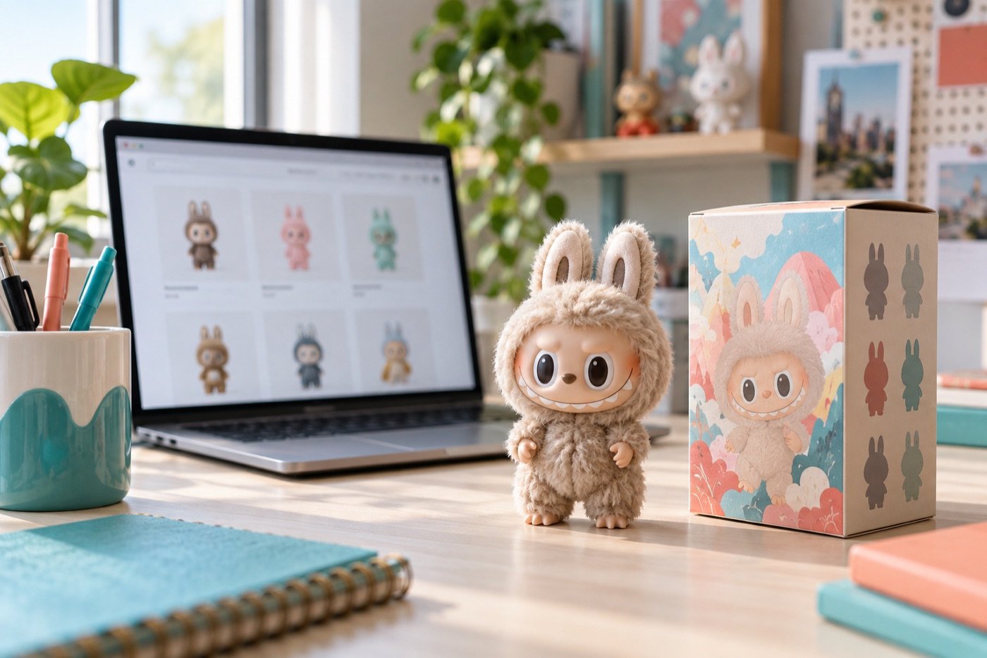 Conceptual collectible character beside a laptop for a Labubu shopping guide