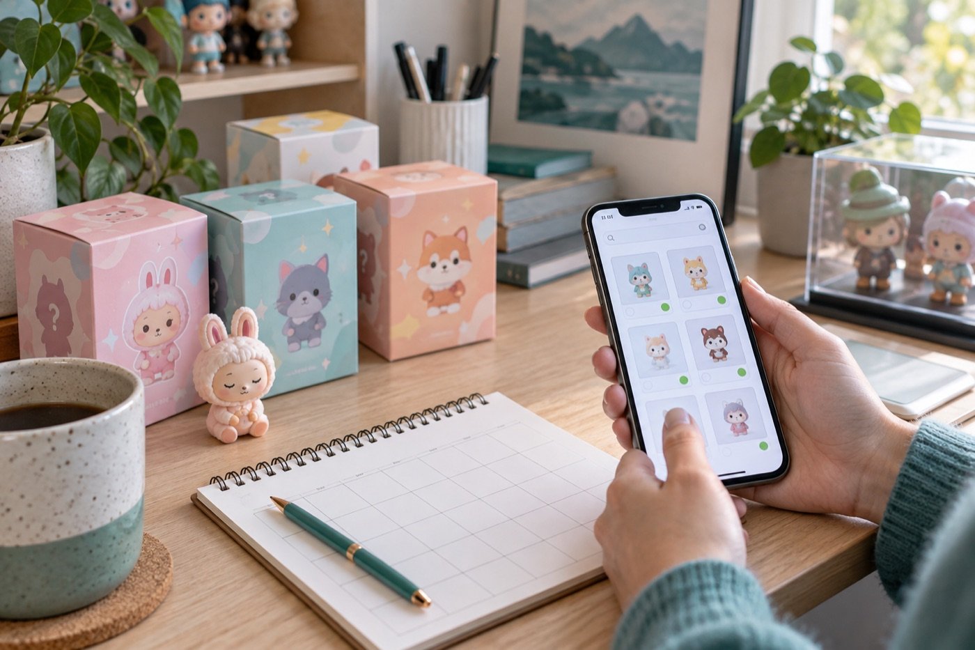 Collectible mystery boxes, a calendar and phone for restock planning