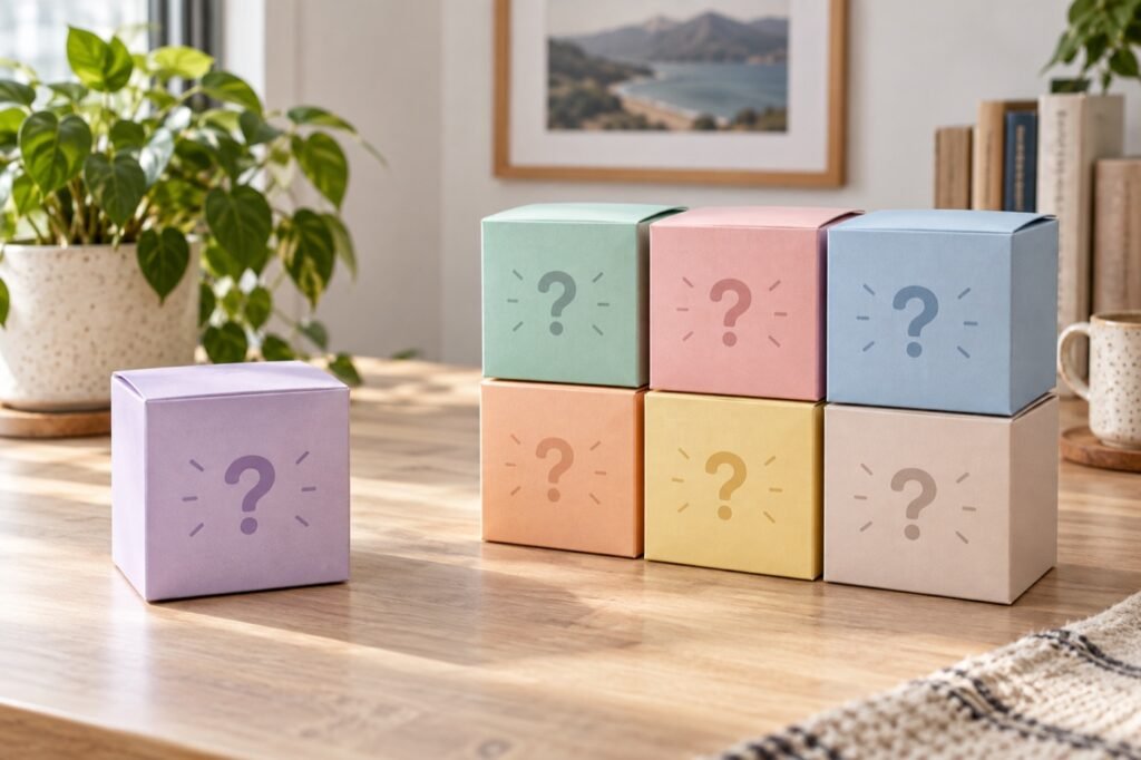 One mystery box compared with a set of six collectible boxes