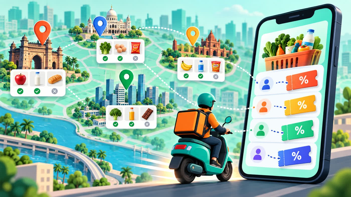 Illustration showing quick-commerce coupon conditions by location and account