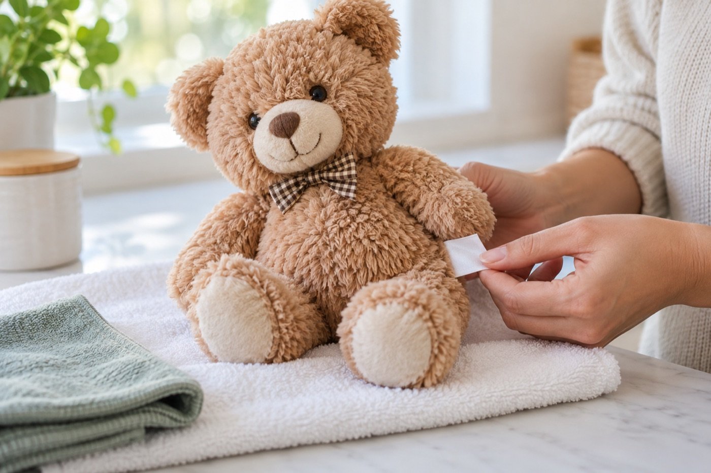 Plush bear and care label on a towel for a cleaning guide