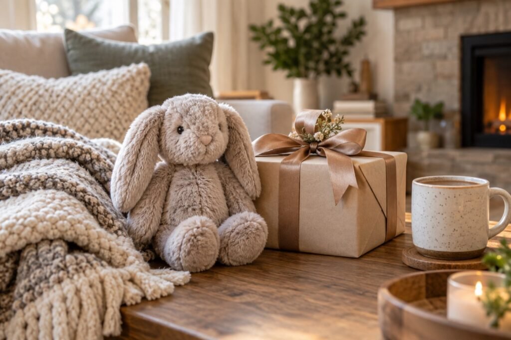 Cozy plush gift with wrapped box and blanket for adult gift ideas