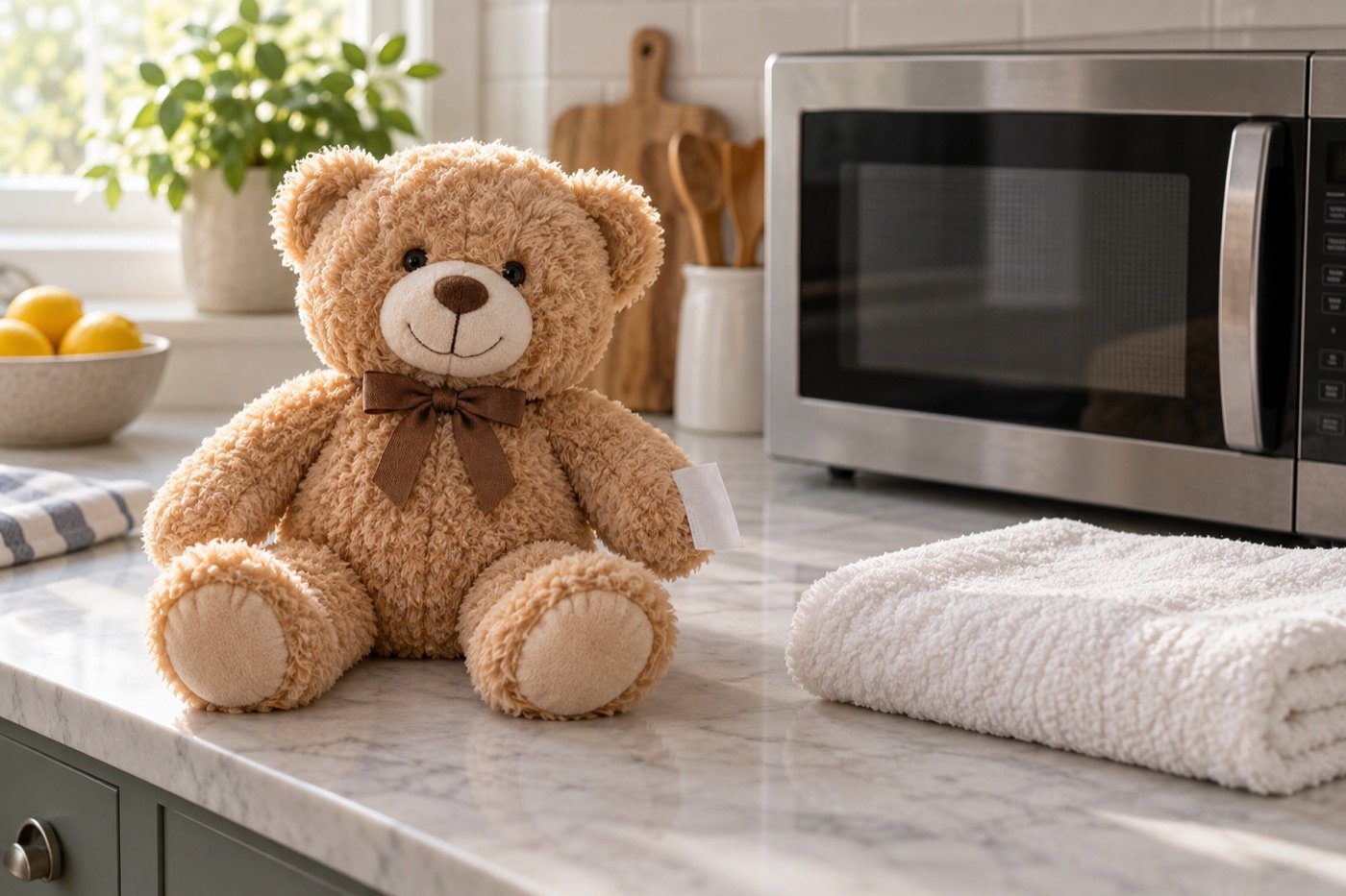 Plush bear beside a microwave and care label for heating guidance