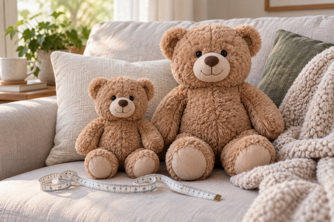 Small and large plush bears side by side for size comparison