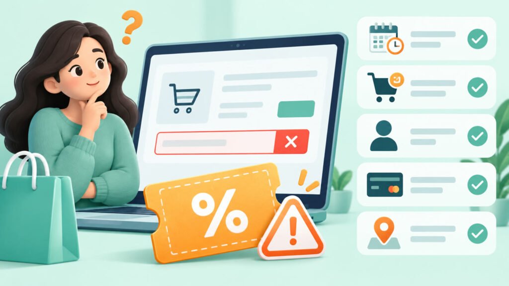 Illustration showing common coupon-code troubleshooting checks