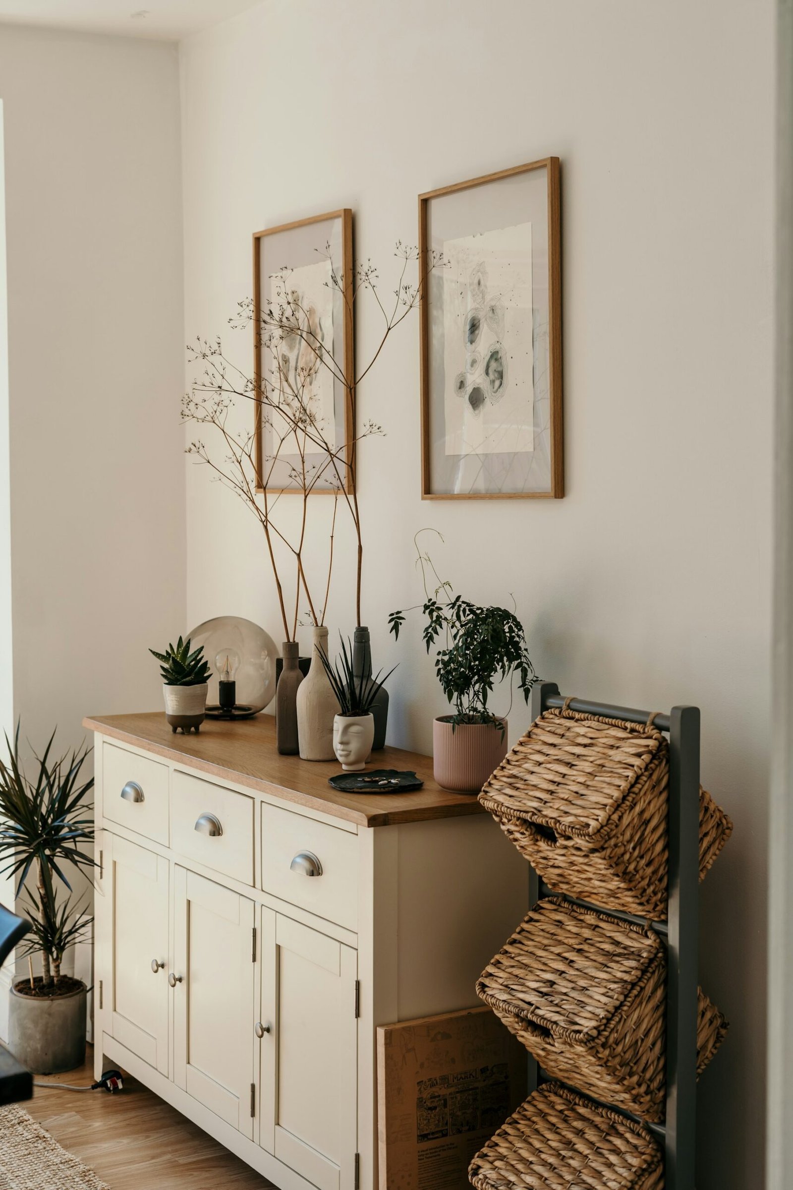 Sideboard with plants and wicker baskets in a furnished room