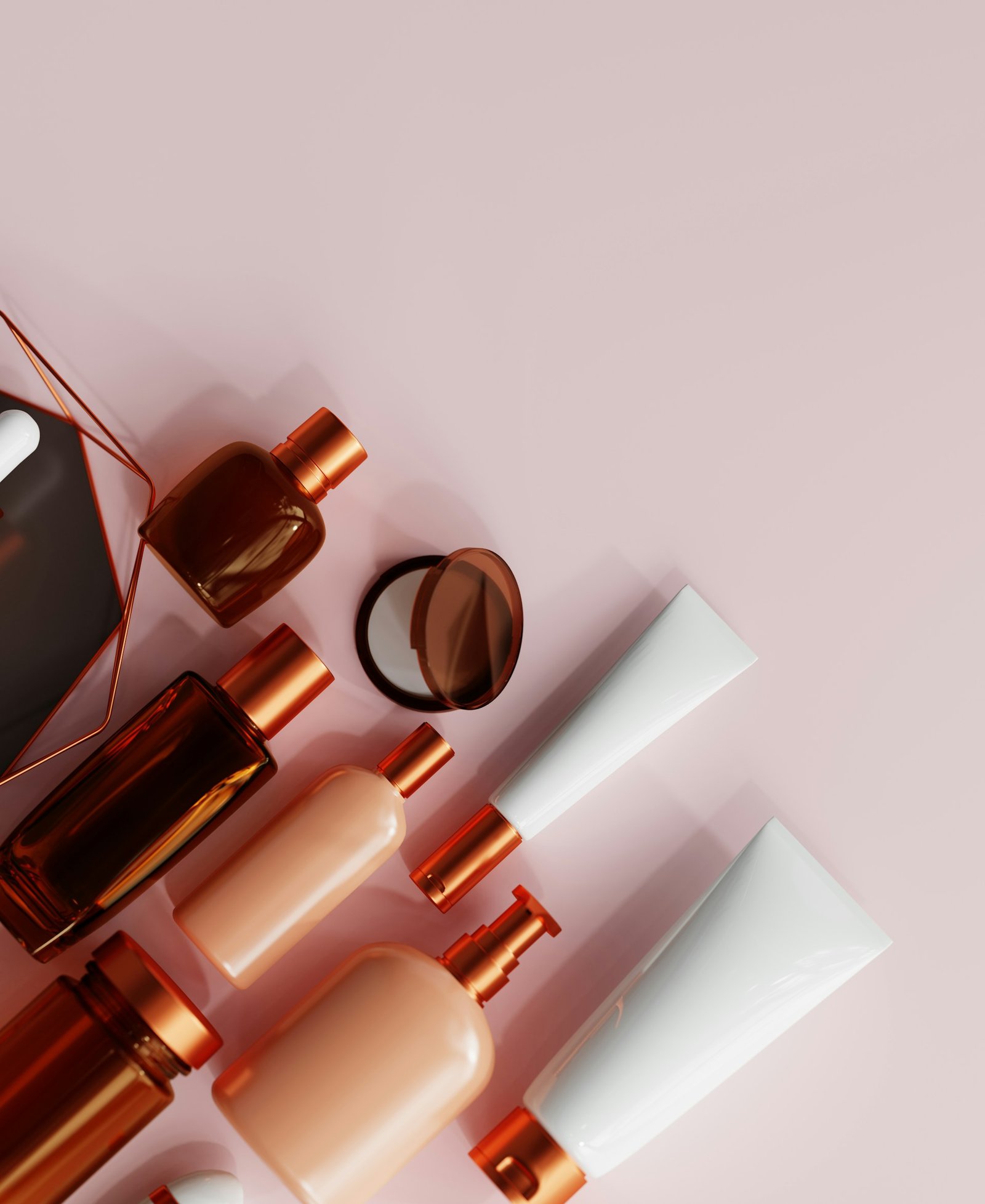 Collection of makeup and skincare products arranged on a table