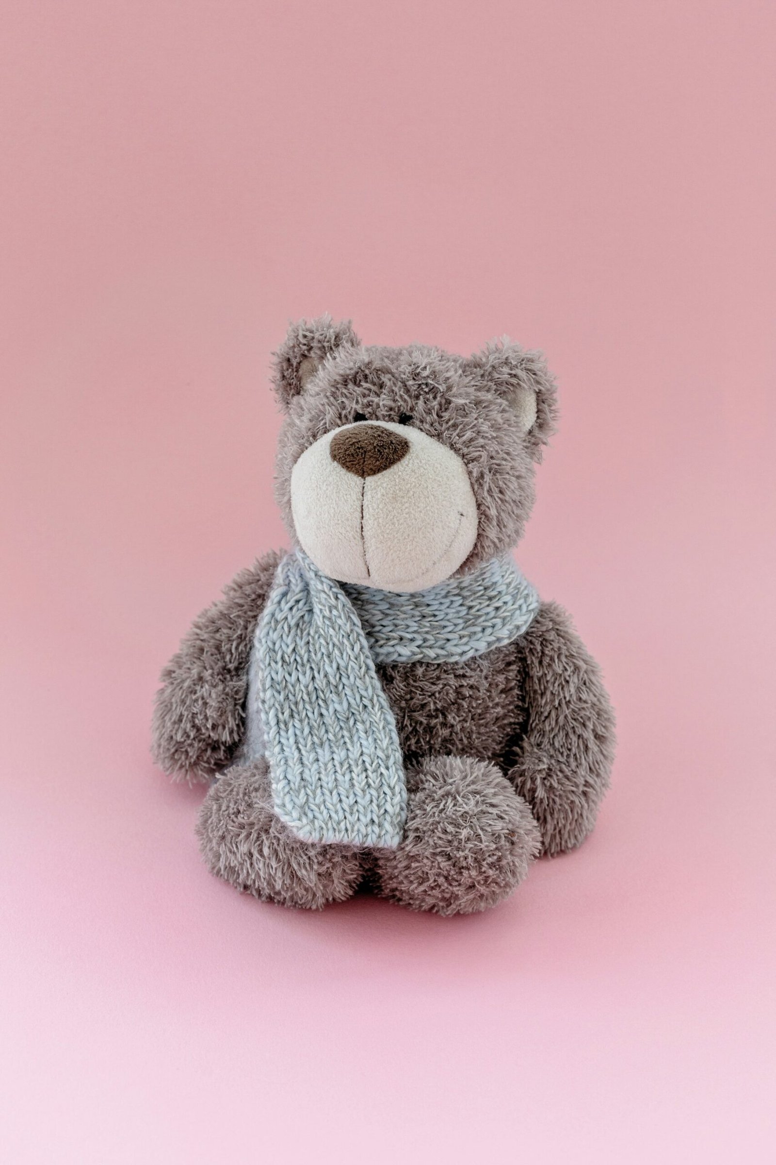 Gray plush bear wearing a scarf